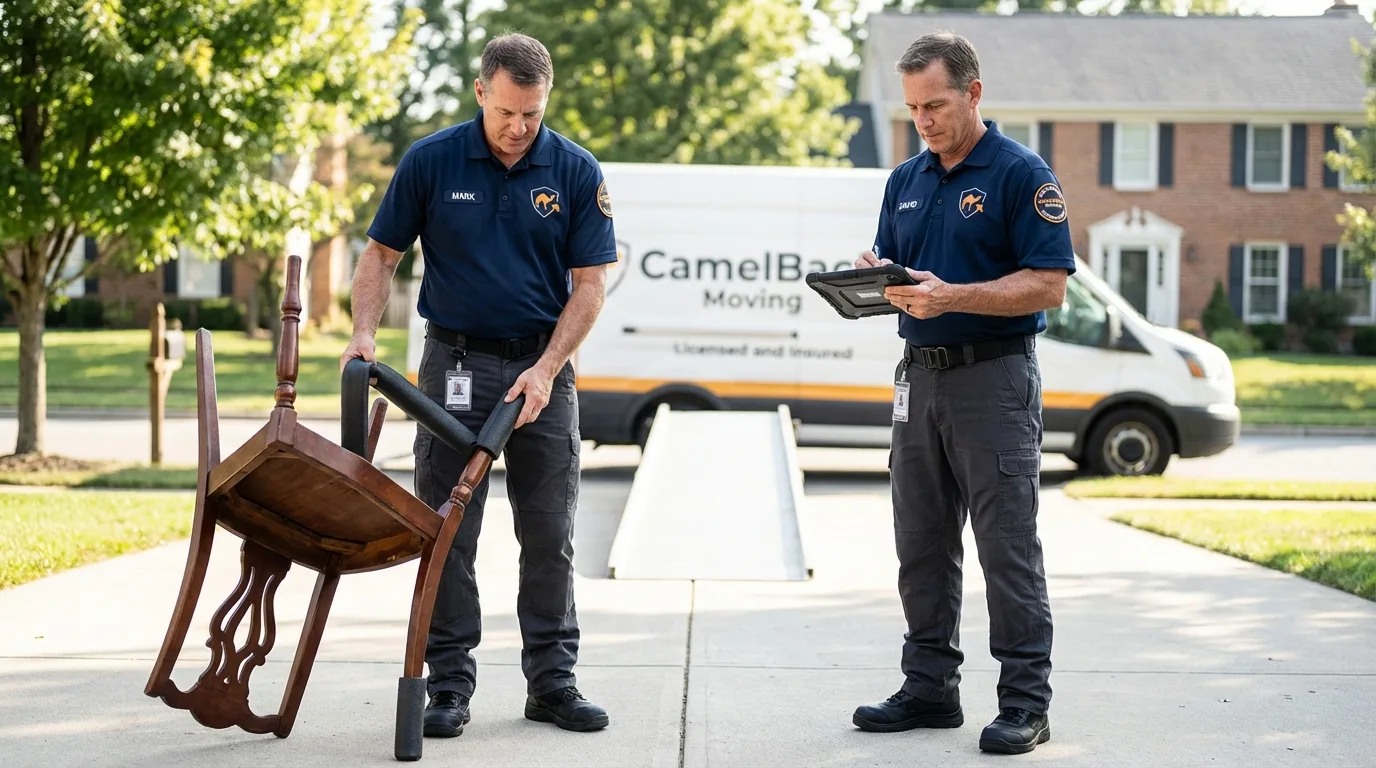 Movers inspecting furniture for damage prevention before loading in Wadsworth, OH